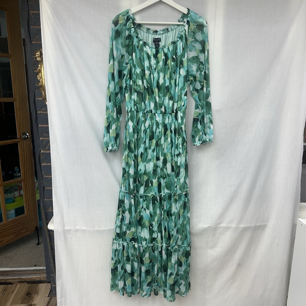 Kate and Lily Dress Women 16W Green Print Flowy Tiered Maxi Lined Peasant Boho